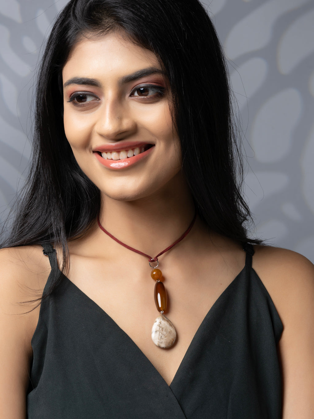 Semi Precious Brown Beige Onyx Agate Jasper Sleek necklace with adjustable Suede Cord LOOK AND ADORN - designed for you