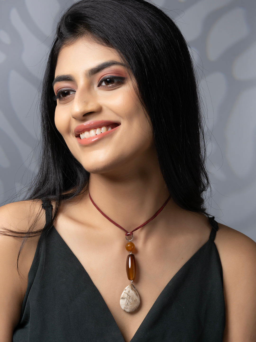 Semi Precious Brown Beige Onyx Agate Jasper Sleek necklace with adjustable Suede Cord LOOK AND ADORN - designed for you