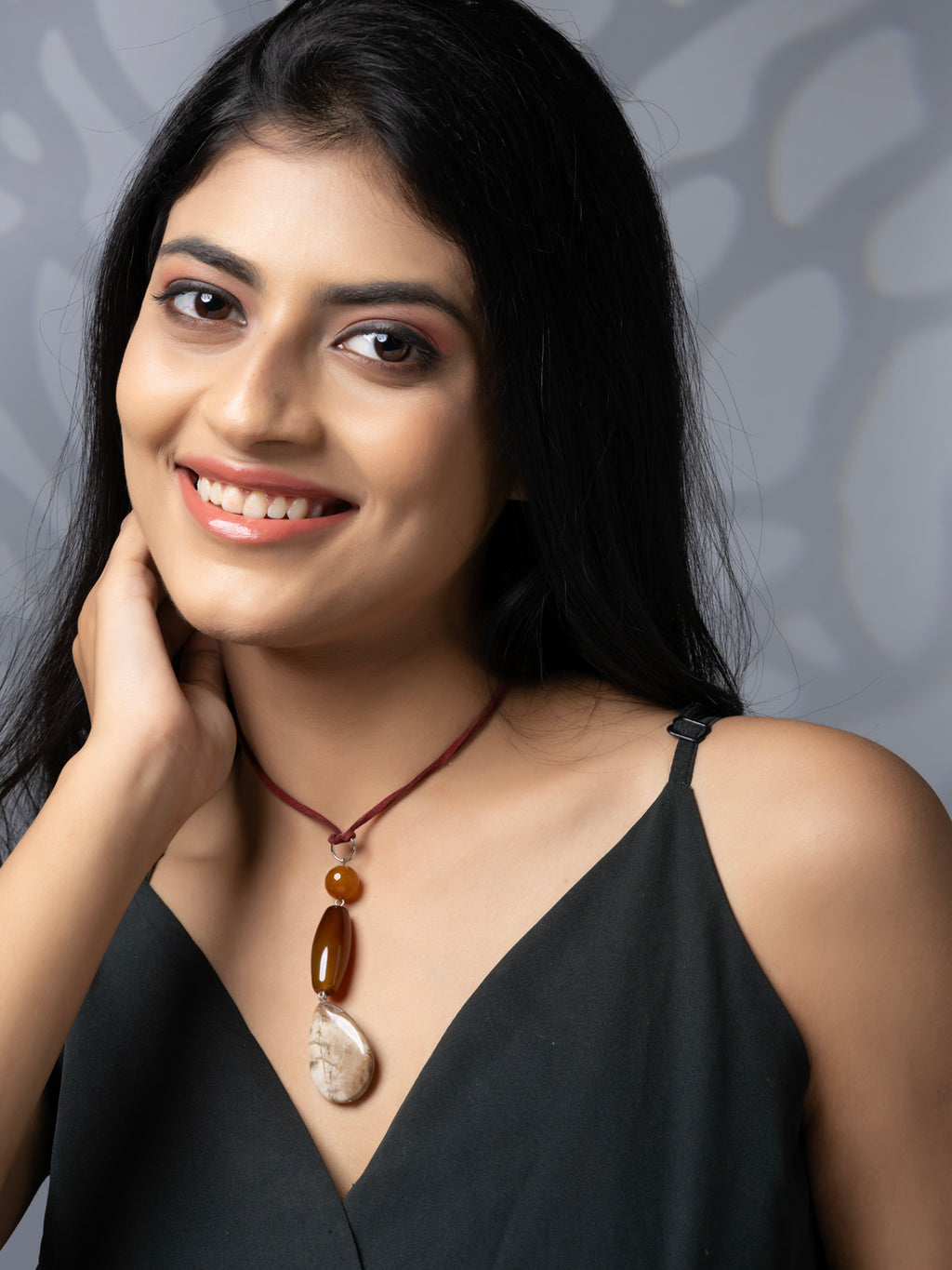 Semi Precious Brown Beige Onyx Agate Jasper Sleek necklace with adjustable Suede Cord LOOK AND ADORN - designed for you