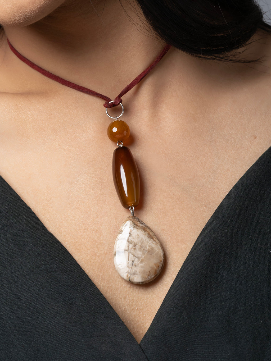 Semi Precious Brown Beige Onyx Agate Jasper Sleek necklace with adjustable Suede Cord LOOK AND ADORN - designed for you