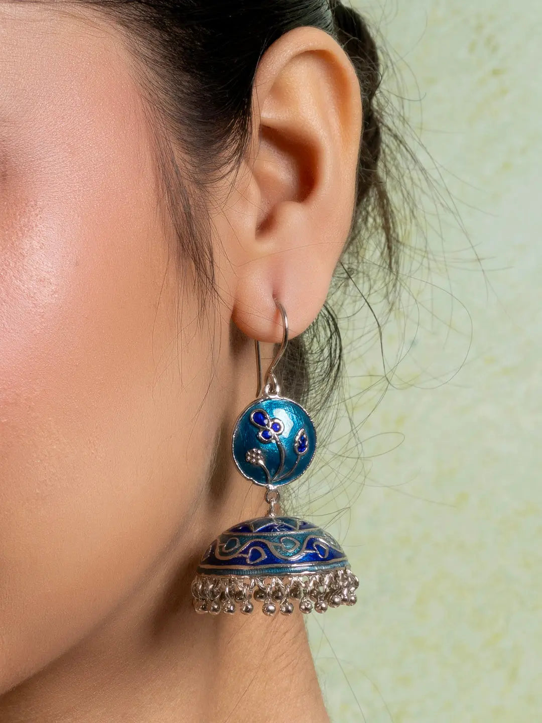 Turquoise Blue Floral Meenakari Enamel Jhumka Earring LOOK AND ADORN - designed for you