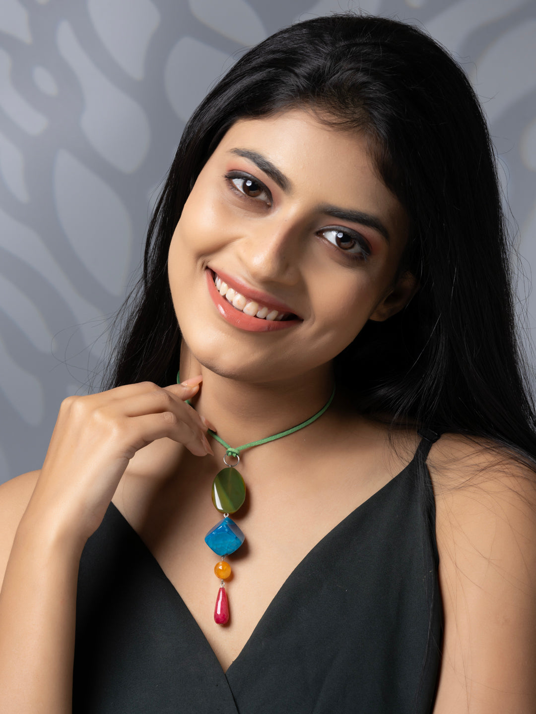 Semi Precious Pink Orange Green Blue Onyx Agate Sleek necklace with adjustable Suede Cord LOOK AND ADORN - designed for you