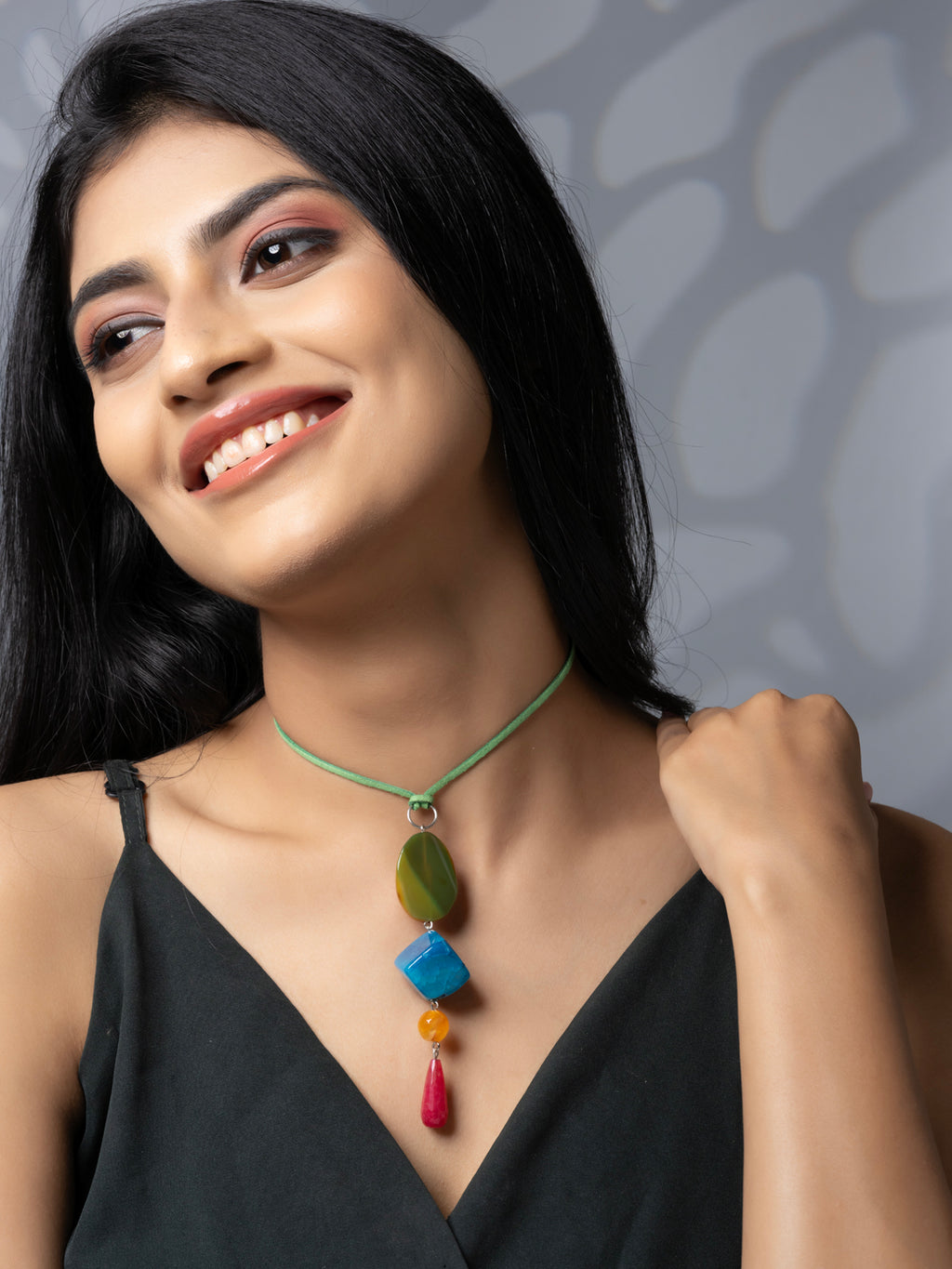 Semi Precious Pink Orange Green Blue Onyx Agate Sleek necklace with adjustable Suede Cord LOOK AND ADORN - designed for you