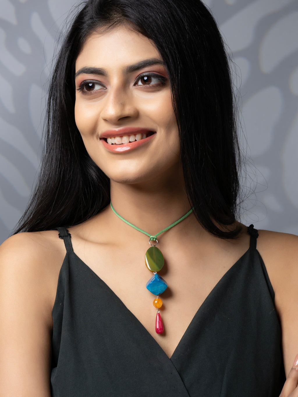 Semi Precious Pink Orange Green Blue Onyx Agate Sleek necklace with adjustable Suede Cord LOOK AND ADORN - designed for you