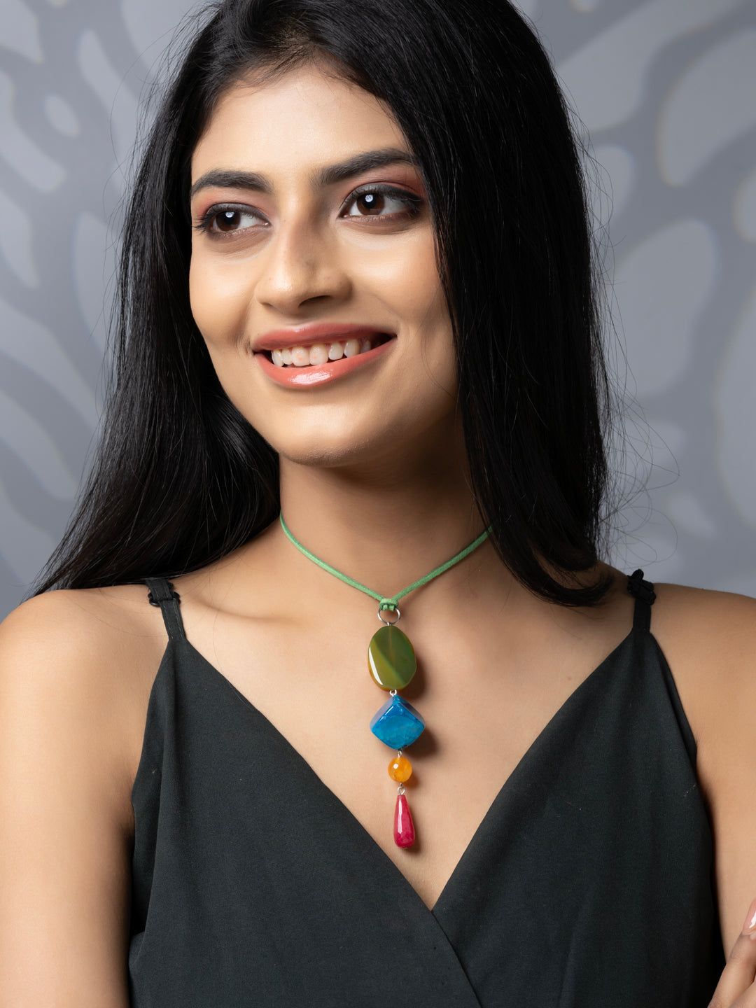 Semi Precious Pink Orange Green Blue Onyx Agate Sleek necklace with adjustable Suede Cord LOOK AND ADORN - designed for you