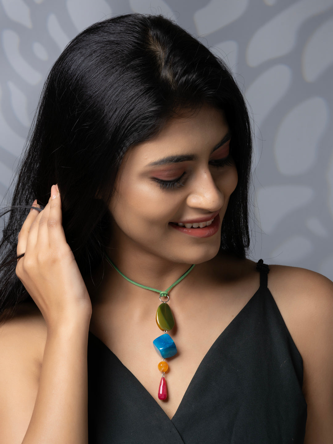 Semi Precious Pink Orange Green Blue Onyx Agate Sleek necklace with adjustable Suede Cord LOOK AND ADORN - designed for you