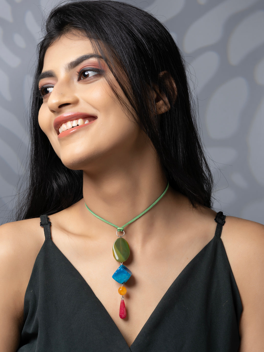 Semi Precious Pink Orange Green Blue Onyx Agate Sleek necklace with adjustable Suede Cord LOOK AND ADORN - designed for you