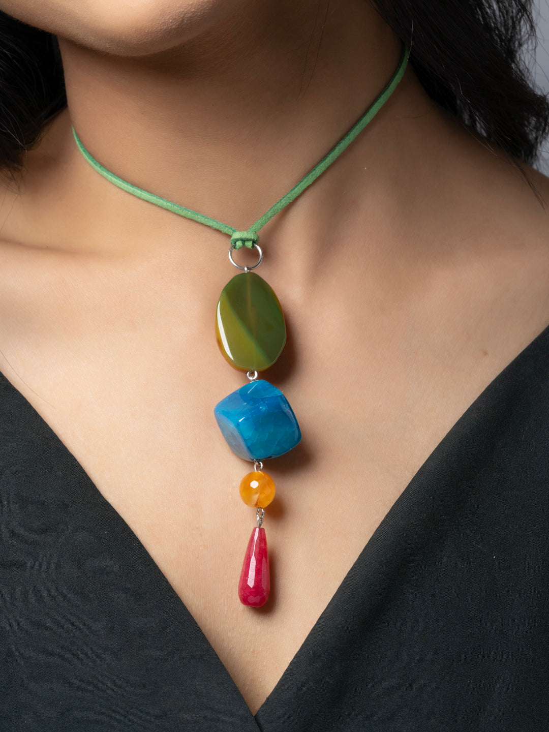 Semi Precious Pink Orange Green Blue Onyx Agate Sleek necklace with adjustable Suede Cord LOOK AND ADORN - designed for you