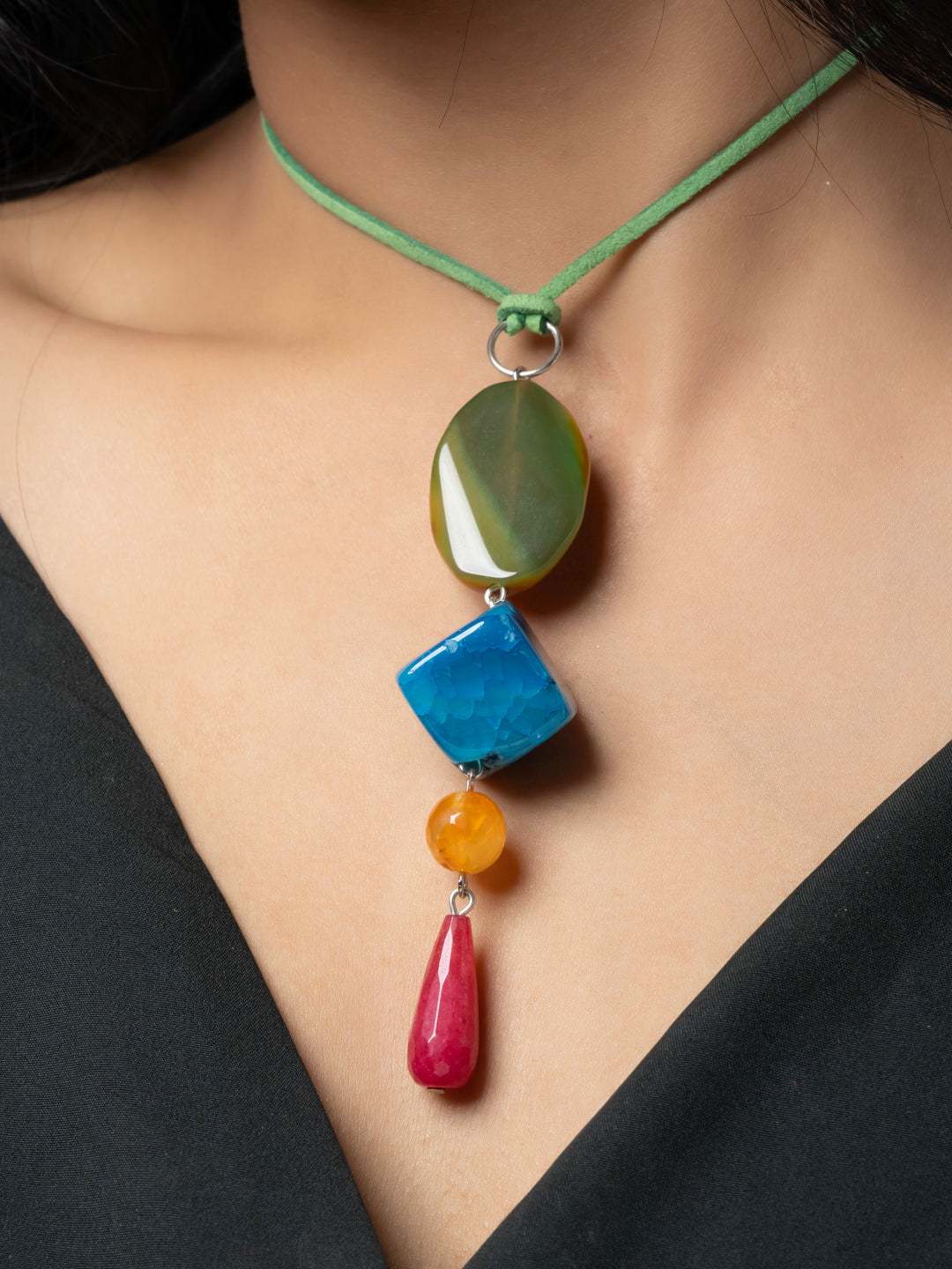 Semi Precious Pink Orange Green Blue Onyx Agate Sleek necklace with adjustable Suede Cord LOOK AND ADORN - designed for you