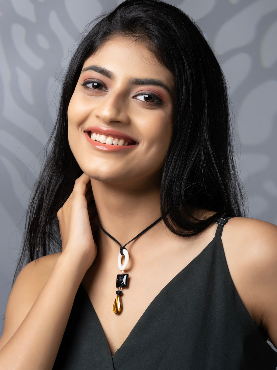 Semi Precious White Black Brown MOP Onyx Agate Tiger Eye Sleek necklace with adjustable Suede Cord LOOK AND ADORN - designed for you