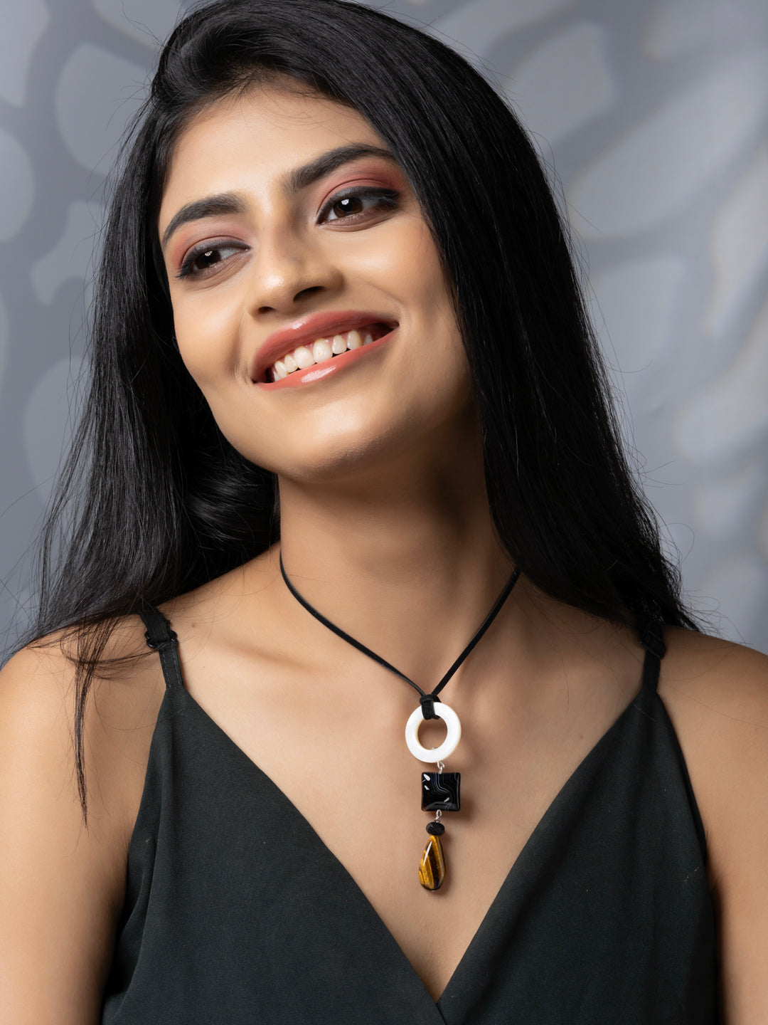 Semi Precious White Black Brown MOP Onyx Agate Tiger Eye Sleek necklace with adjustable Suede Cord LOOK AND ADORN - designed for you