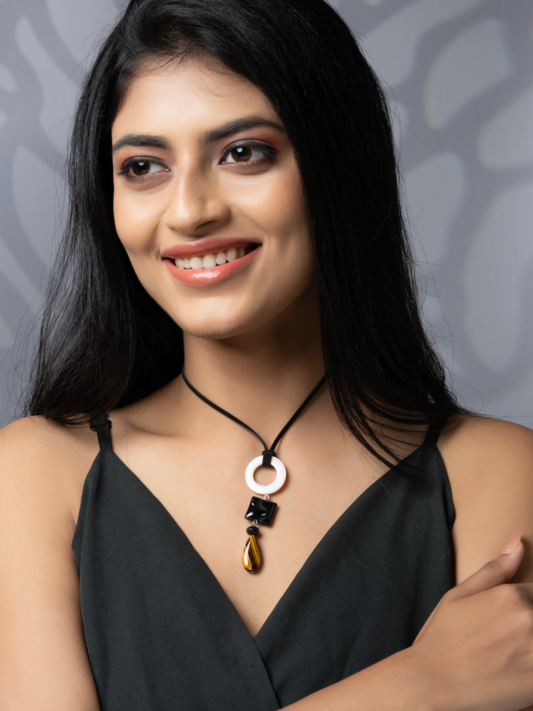 Semi Precious White Black Brown MOP Onyx Agate Tiger Eye Sleek necklace with adjustable Suede Cord LOOK AND ADORN - designed for you