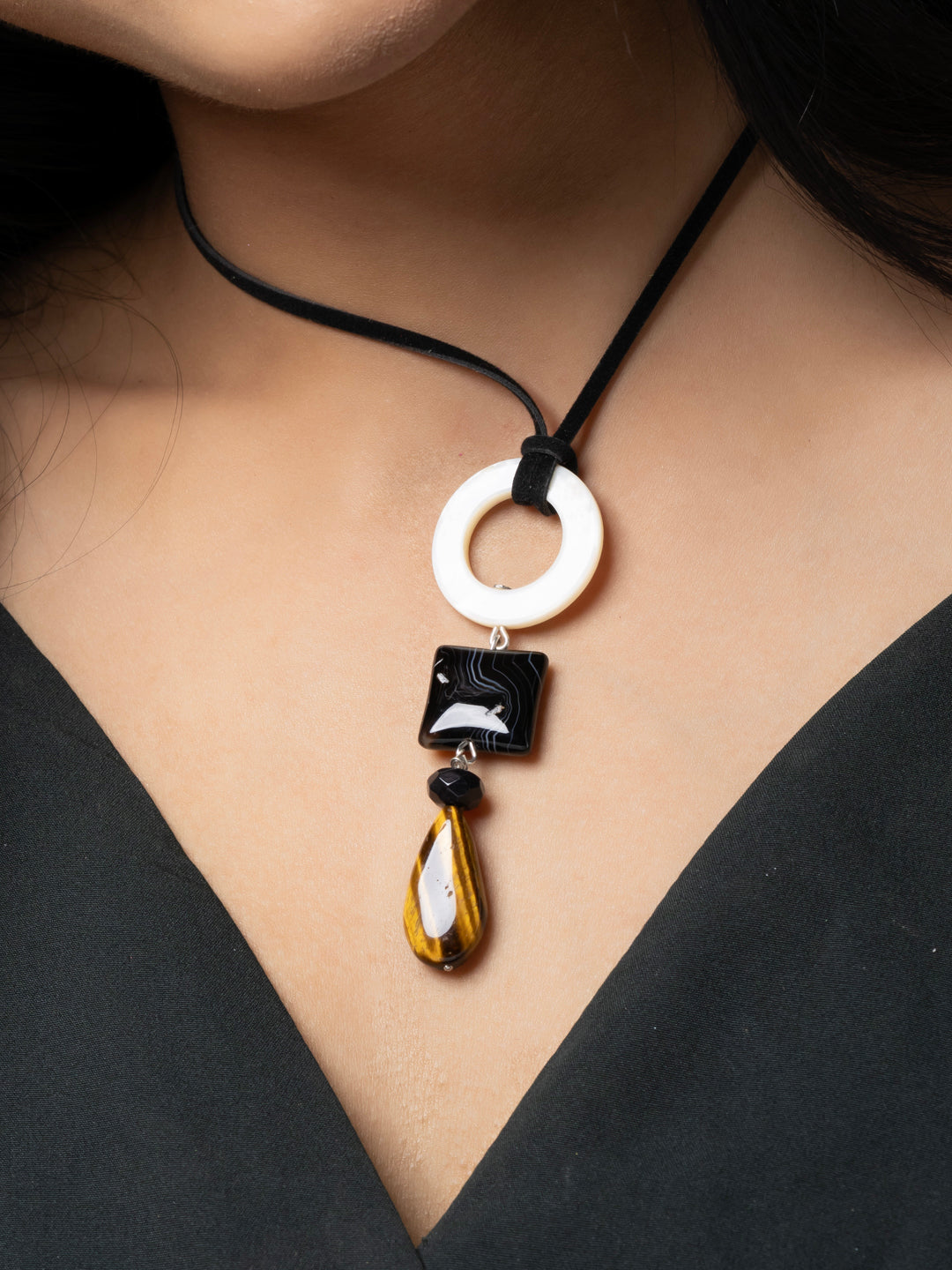 Semi Precious White Black Brown MOP Onyx Agate Tiger Eye Sleek necklace with adjustable Suede Cord LOOK AND ADORN - designed for you