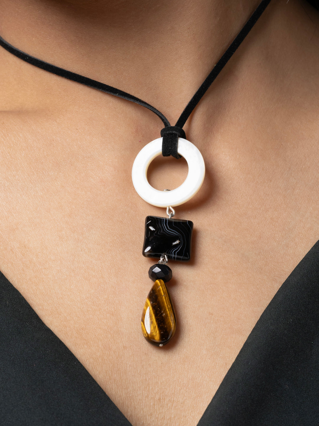 Semi Precious White Black Brown MOP Onyx Agate Tiger Eye Sleek necklace with adjustable Suede Cord LOOK AND ADORN - designed for you