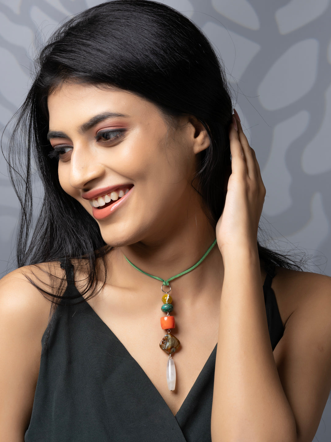 Semi Precious Orange Green Brown Onyx Agate Coral Sleek necklace with adjustable Suede Cord LOOK AND ADORN - designed for you