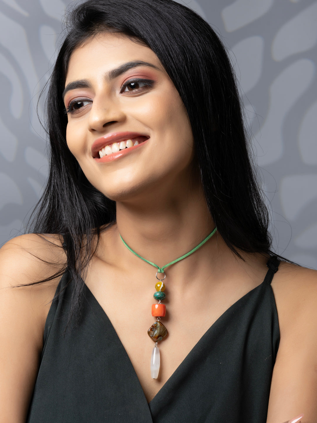 Semi Precious Orange Green Brown Onyx Agate Coral Sleek necklace with adjustable Suede Cord LOOK AND ADORN - designed for you