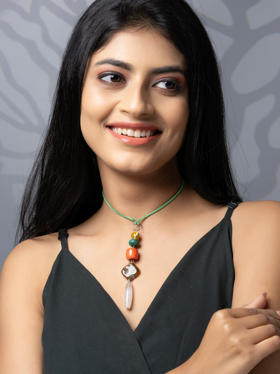 Semi Precious Orange Green Brown Onyx Agate Coral Sleek necklace with adjustable Suede Cord LOOK AND ADORN - designed for you