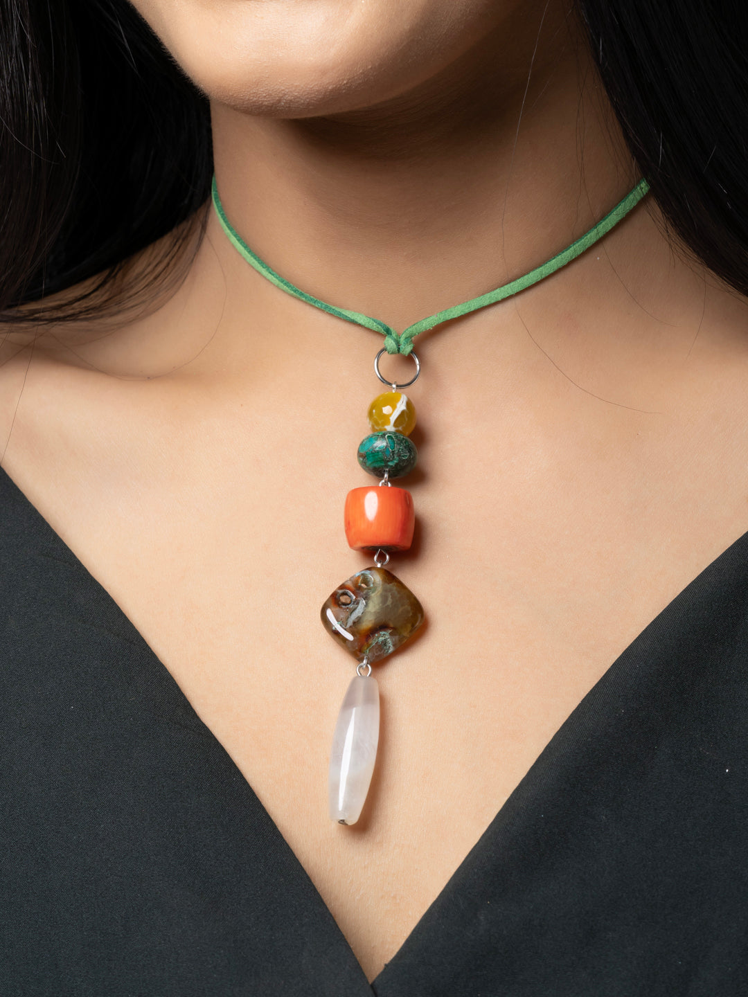 Semi Precious Orange Green Brown Onyx Agate Coral Sleek necklace with adjustable Suede Cord LOOK AND ADORN - designed for you