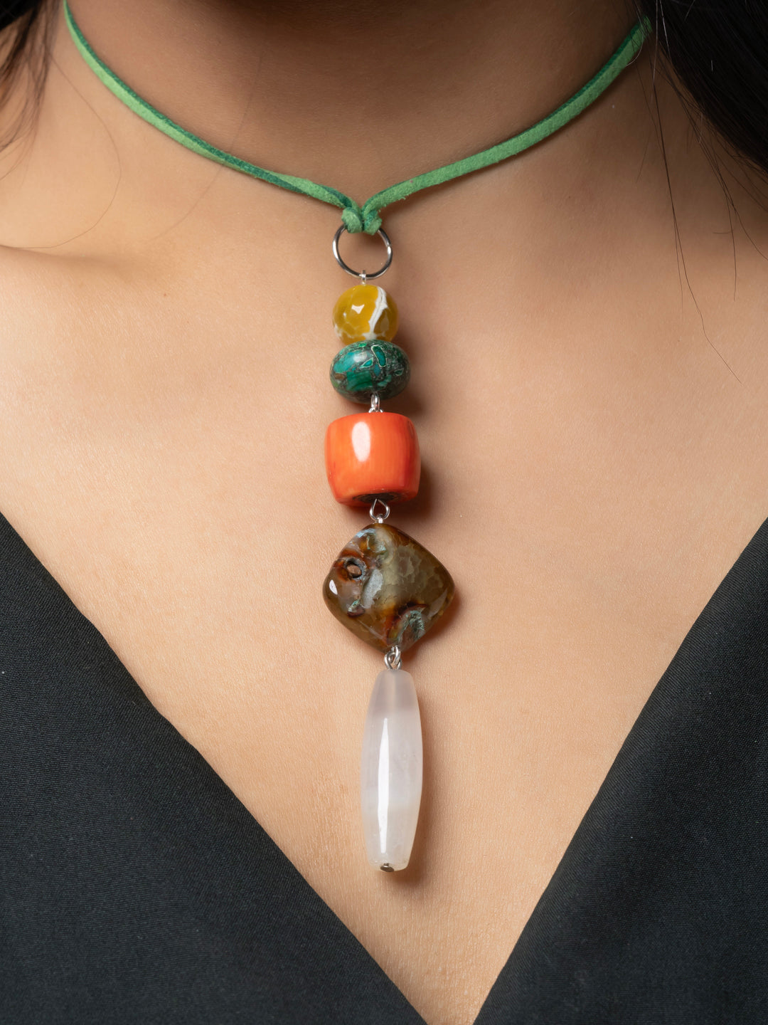 Semi Precious Orange Green Brown Onyx Agate Coral Sleek necklace with adjustable Suede Cord LOOK AND ADORN - designed for you