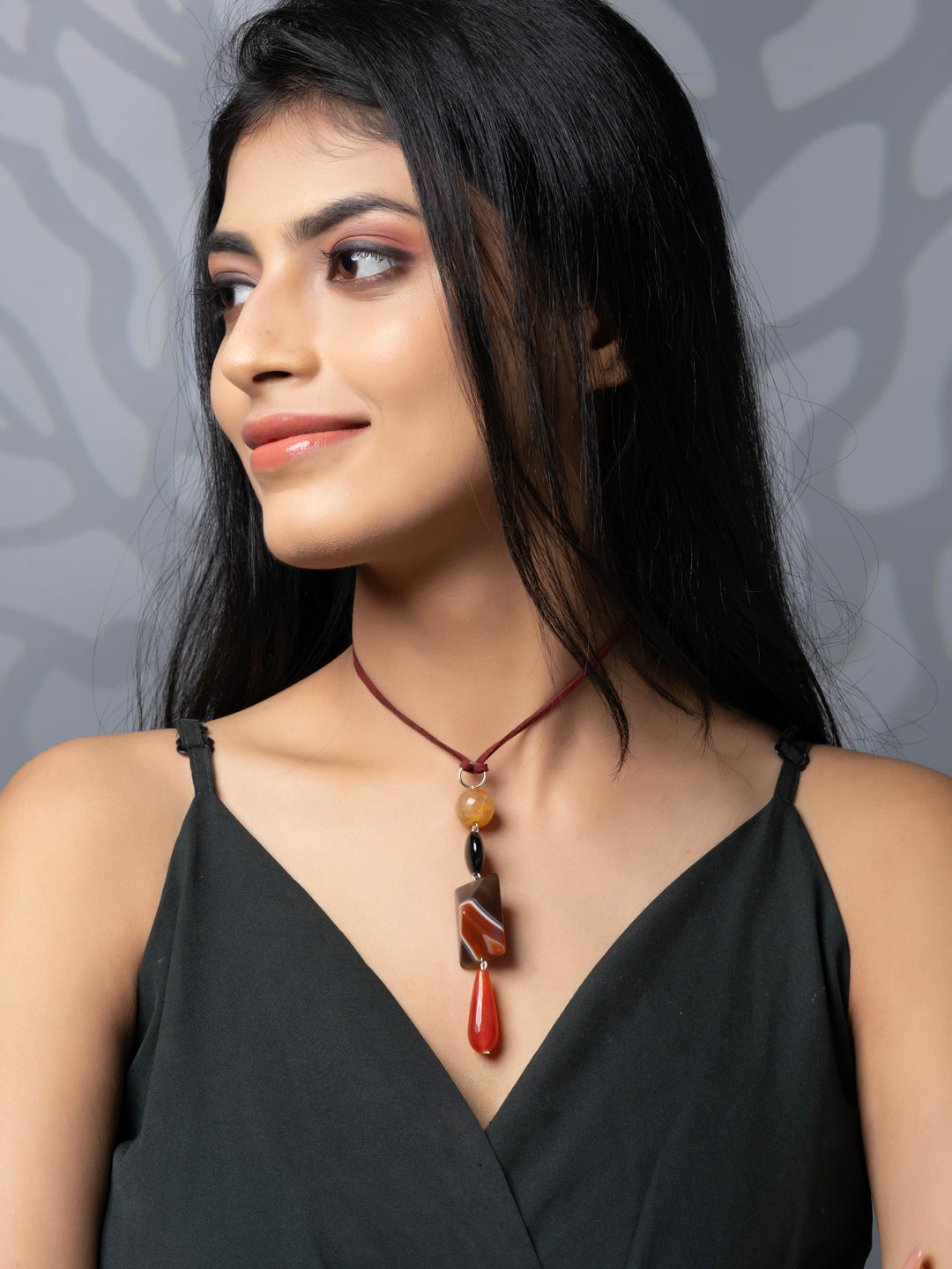 Semi Precious Brown Black Orange Onyx Agate Sleek necklace with adjustable Suede Cord LOOK AND ADORN - designed for you