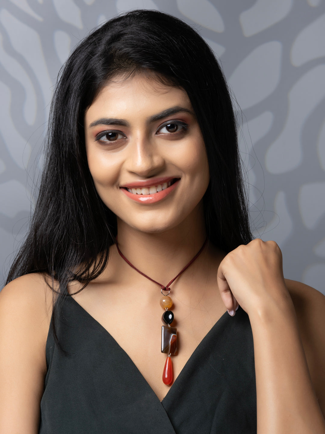 Semi Precious Brown Black Orange Onyx Agate Sleek necklace with adjustable Suede Cord LOOK AND ADORN - designed for you