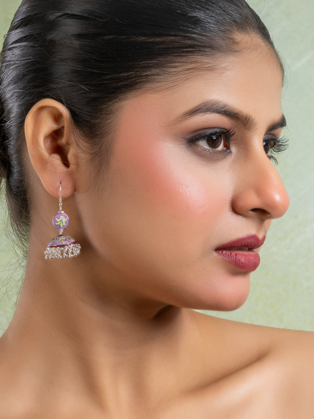 Purple Green Floral Meenakari Enamel Jhumka Earring
