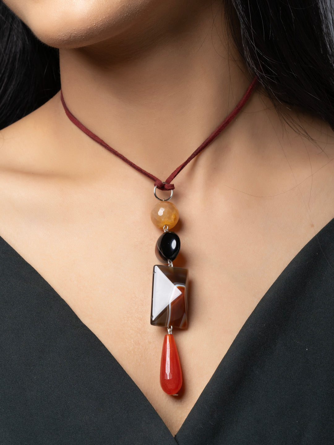 Semi Precious Brown Black Orange Onyx Agate Sleek necklace with adjustable Suede Cord LOOK AND ADORN - designed for you