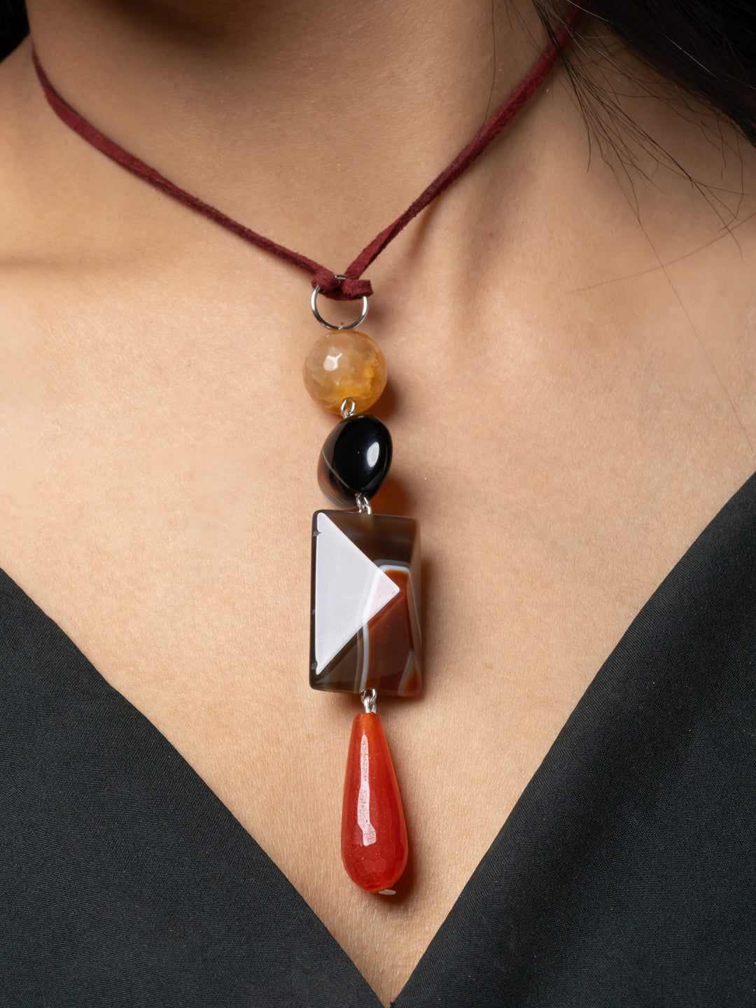 Semi Precious Brown Black Orange Onyx Agate Sleek necklace with adjustable Suede Cord LOOK AND ADORN - designed for you