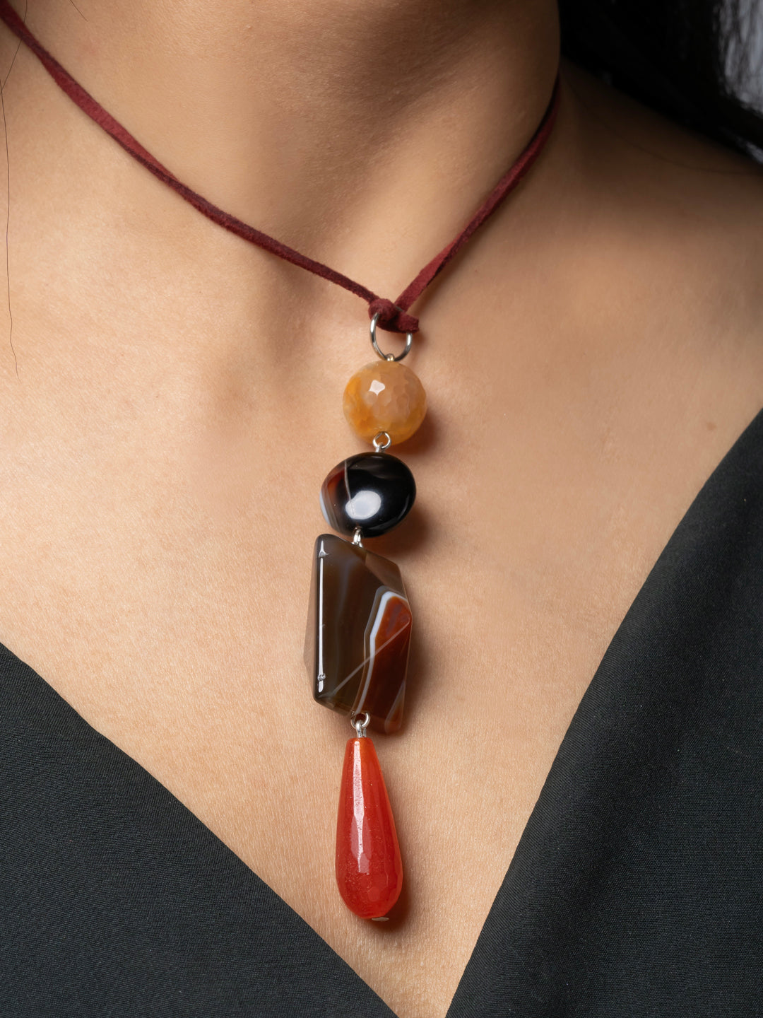 Semi Precious Brown Black Orange Onyx Agate Sleek necklace with adjustable Suede Cord LOOK AND ADORN - designed for you