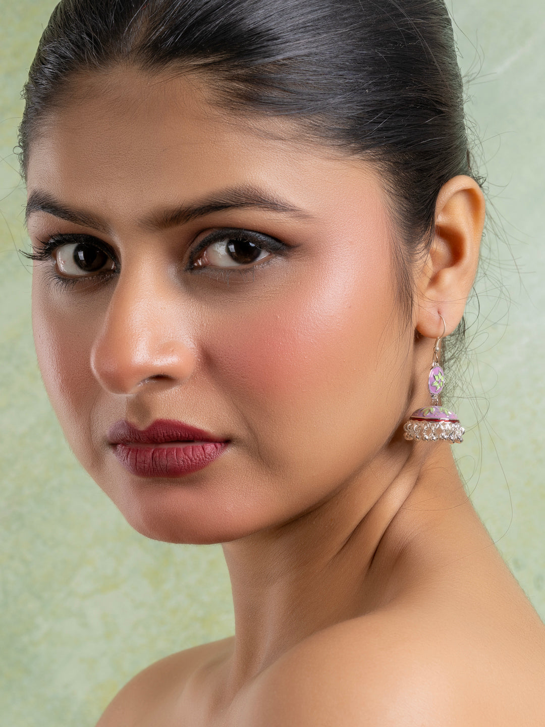 Purple Green Floral Meenakari Enamel Jhumka Earring