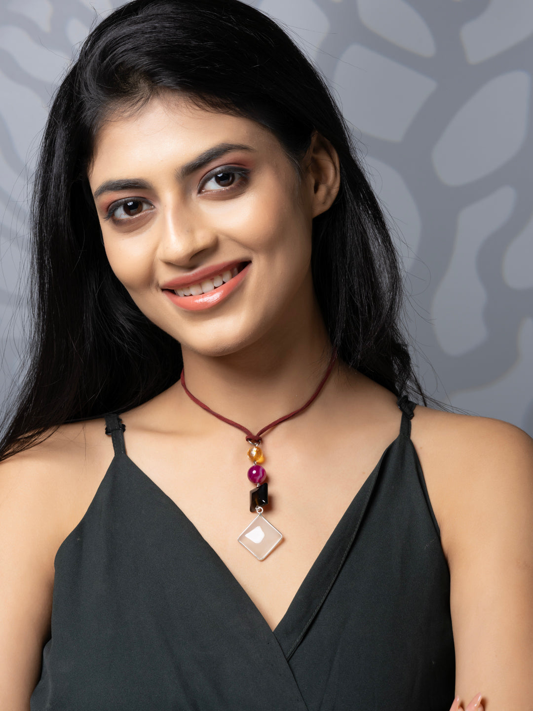 Semi Precious Pink Yellow White Black Onyx Agate Sleek necklace with adjustable Suede Cord LOOK AND ADORN - designed for you
