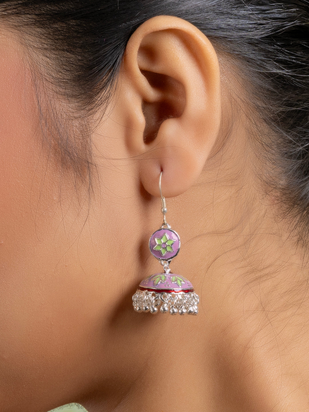 Purple Green Floral Meenakari Enamel Jhumka Earring