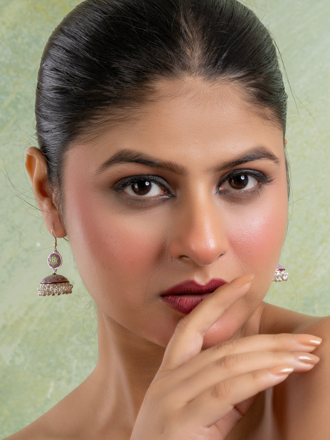 Purple Green Floral Meenakari Enamel Jhumka Earring