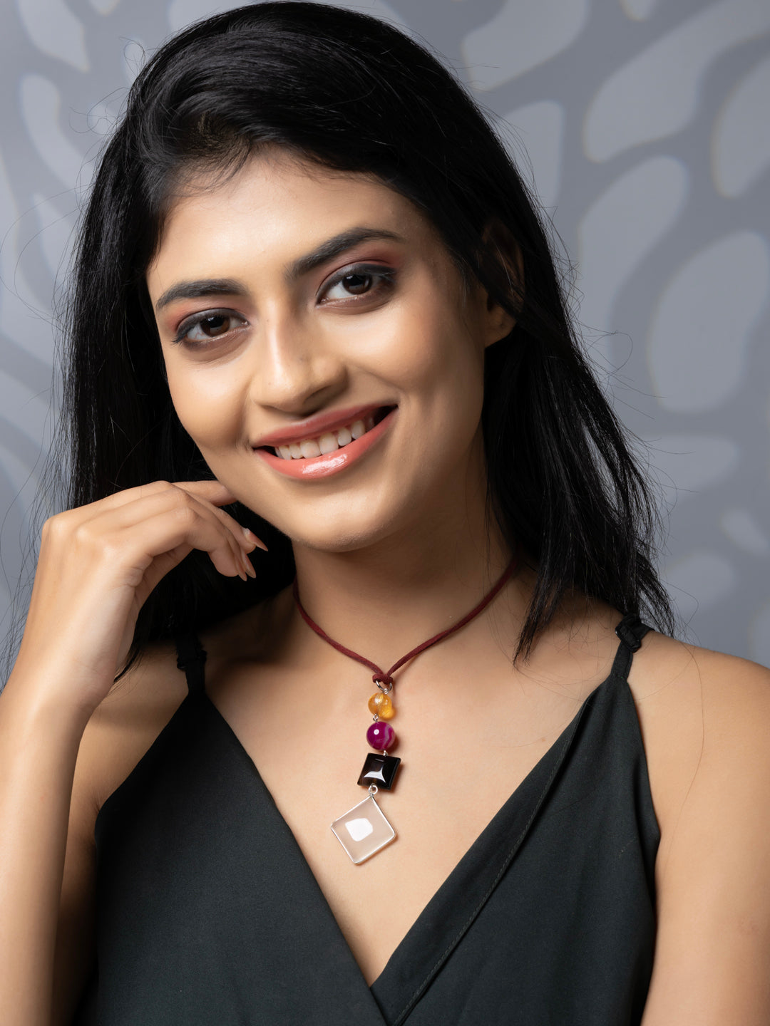 Semi Precious Pink Yellow White Black Onyx Agate Sleek necklace with adjustable Suede Cord LOOK AND ADORN - designed for you