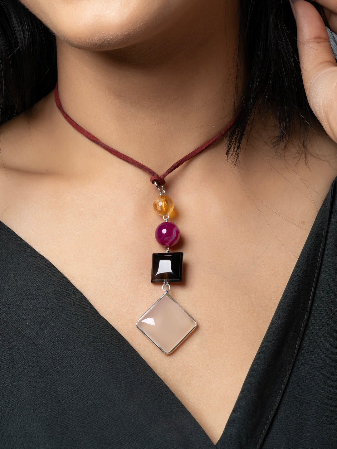 Semi Precious Pink Yellow White Black Onyx Agate Sleek necklace with adjustable Suede Cord LOOK AND ADORN - designed for you