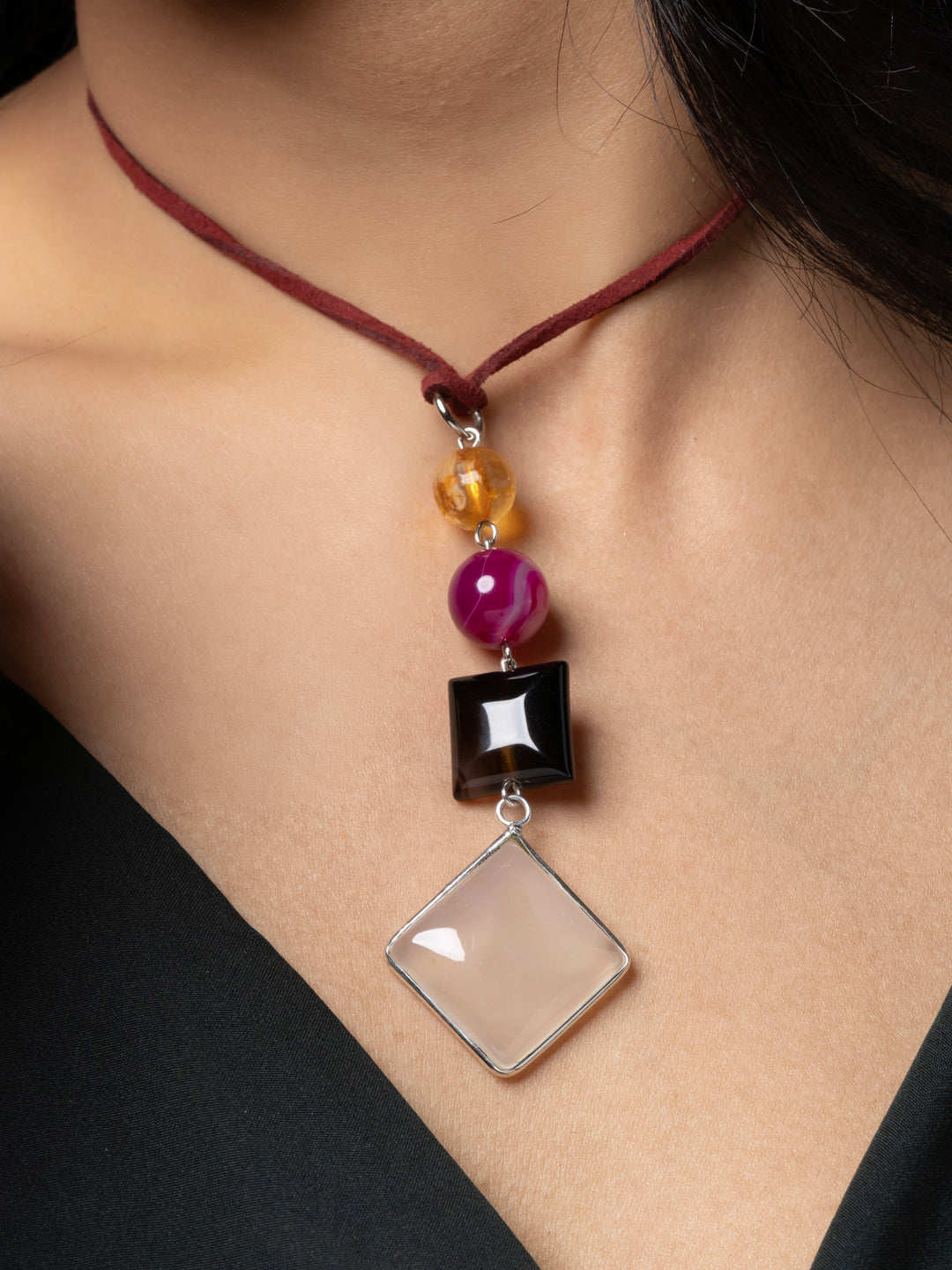 Semi Precious Pink Yellow White Black Onyx Agate Sleek necklace with adjustable Suede Cord LOOK AND ADORN - designed for you
