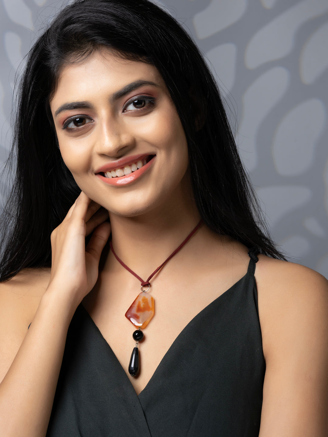 Semi Precious Orange Black Carnelian Onyx Agate Sleek necklace with adjustable Suede Cord LOOK AND ADORN - designed for you