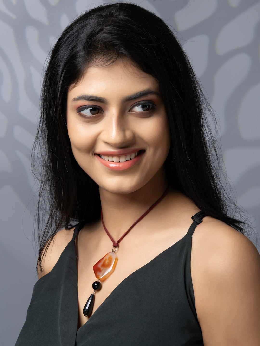 Semi Precious Orange Black Carnelian Onyx Agate Sleek necklace with adjustable Suede Cord LOOK AND ADORN - designed for you