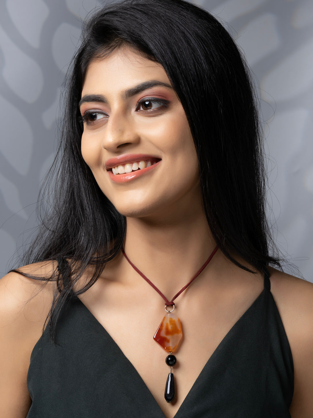Semi Precious Orange Black Carnelian Onyx Agate Sleek necklace with adjustable Suede Cord LOOK AND ADORN - designed for you