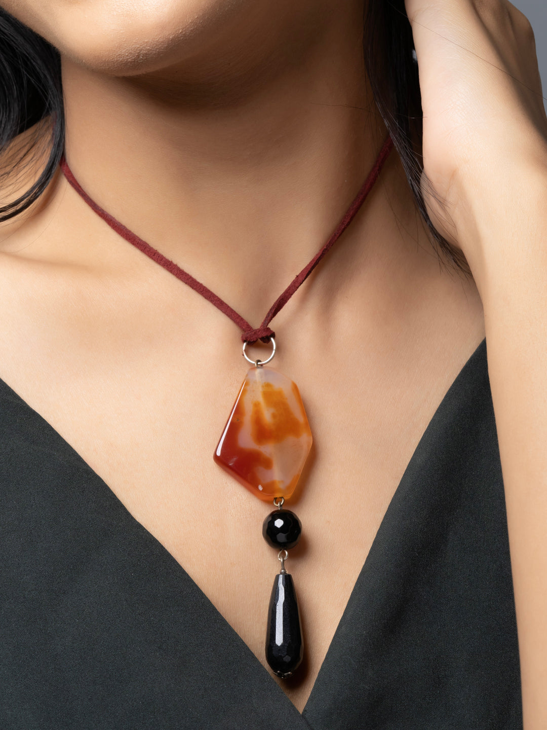 Semi Precious Orange Black Carnelian Onyx Agate Sleek necklace with adjustable Suede Cord LOOK AND ADORN - designed for you