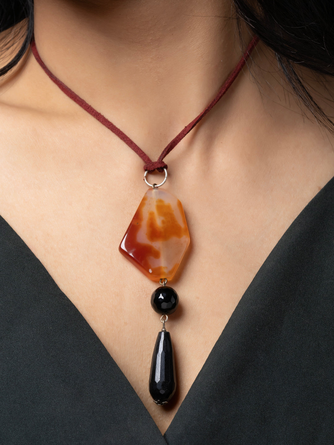 Semi Precious Orange Black Carnelian Onyx Agate Sleek necklace with adjustable Suede Cord LOOK AND ADORN - designed for you
