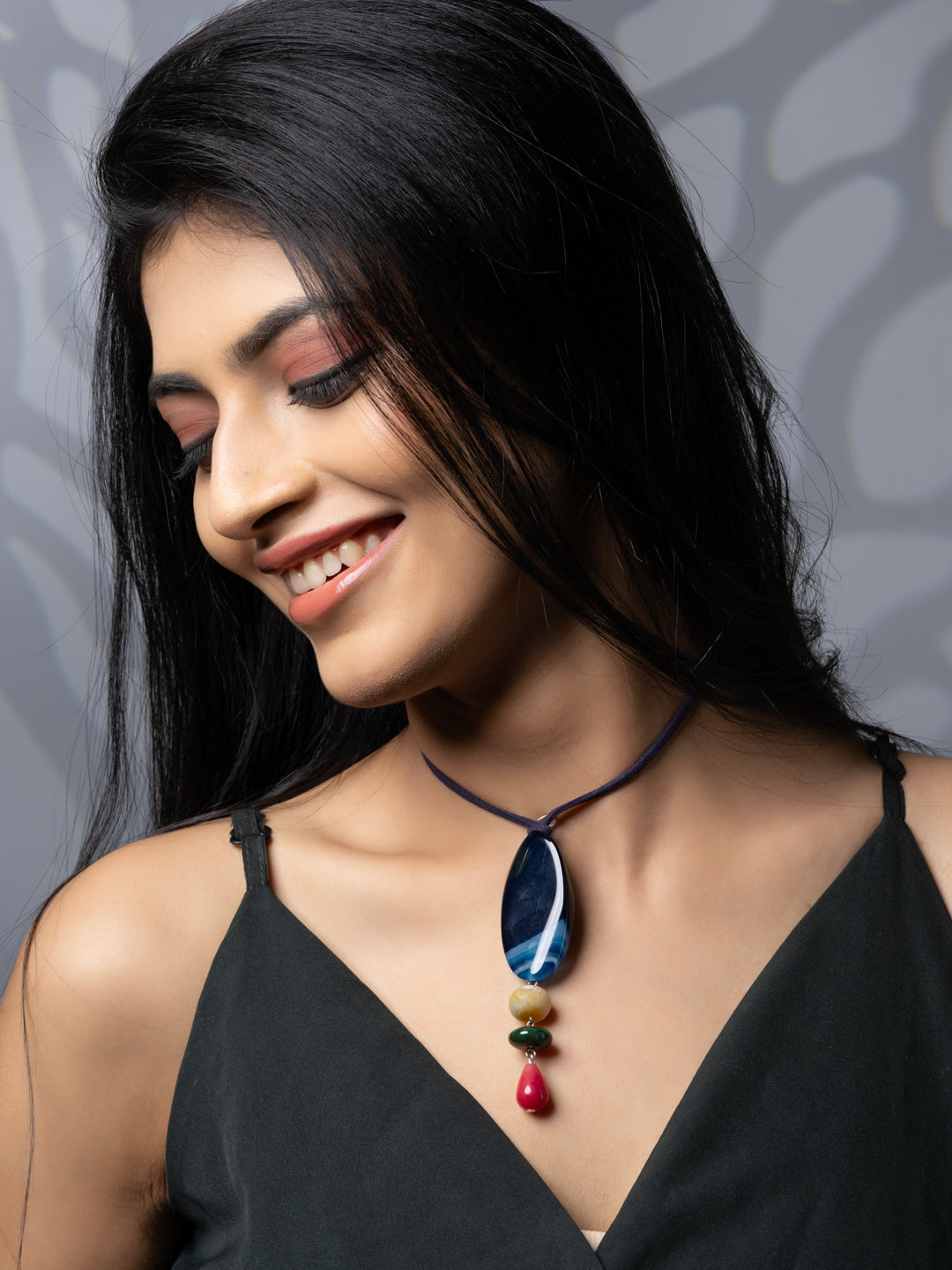 Semi Precious Blue Pink Green Onyx Agate Sleek necklace with adjustable Suede Cord LOOK AND ADORN - designed for you