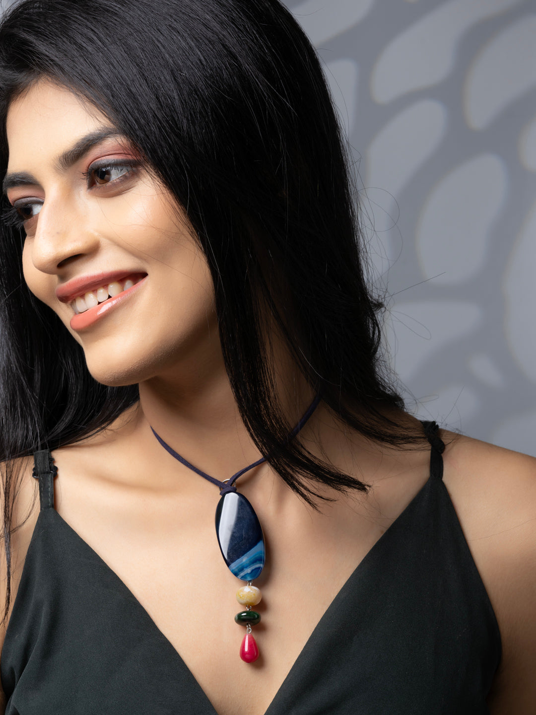 Semi Precious Blue Pink Green Onyx Agate Sleek necklace with adjustable Suede Cord LOOK AND ADORN - designed for you