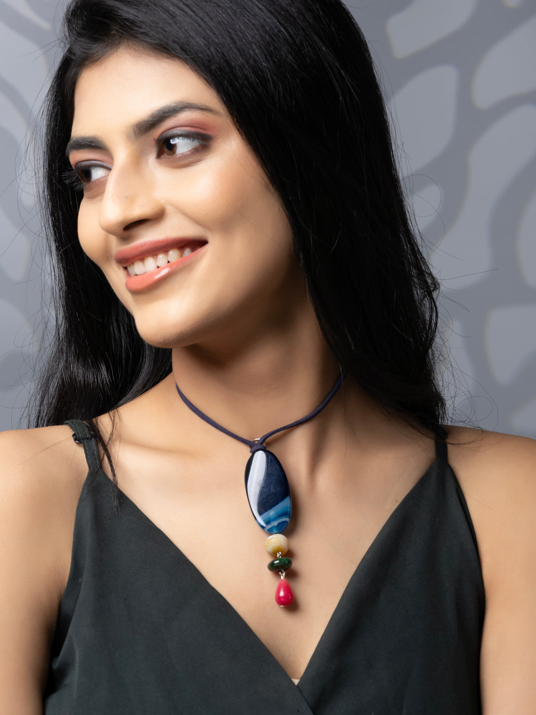 Semi Precious Blue Pink Green Onyx Agate Sleek necklace with adjustable Suede Cord LOOK AND ADORN - designed for you
