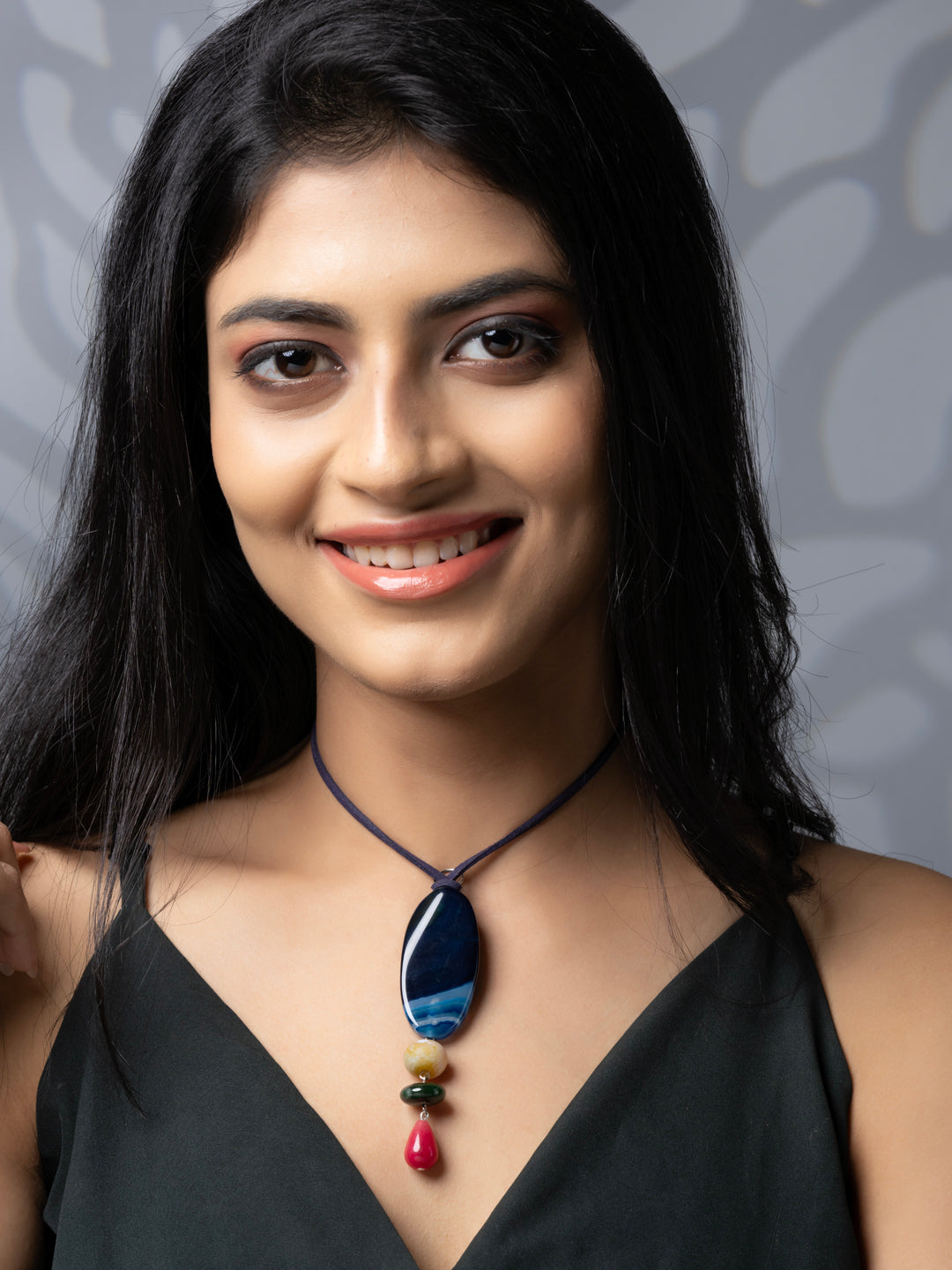 Semi Precious Blue Pink Green Onyx Agate Sleek necklace with adjustable Suede Cord LOOK AND ADORN - designed for you