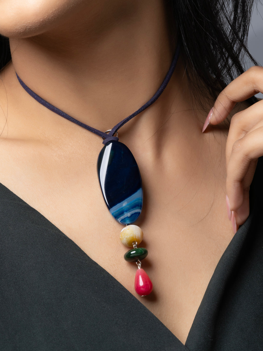 Semi Precious Blue Pink Green Onyx Agate Sleek necklace with adjustable Suede Cord LOOK AND ADORN - designed for you