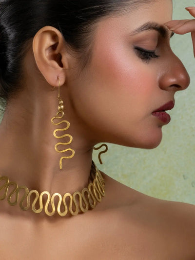 Golden Brass Dokra Spiral Necklace set with Earring LOOK AND ADORN - designed for you