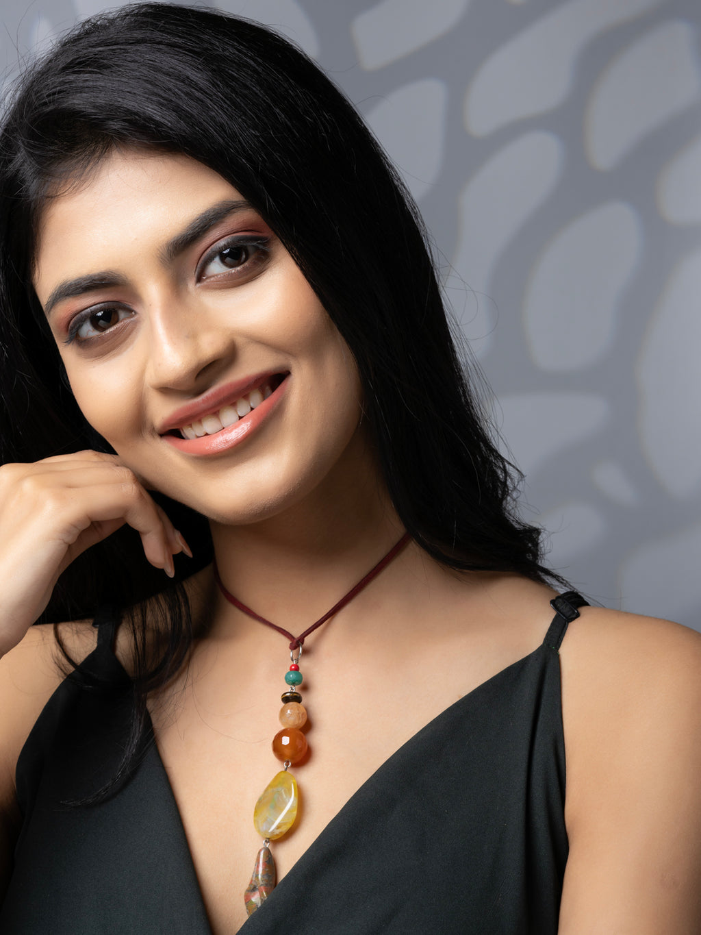 Semi Precious Black Brown Onyx Agate Lily Sleek necklace with adjustable Suede Cord LOOK AND ADORN - designed for you