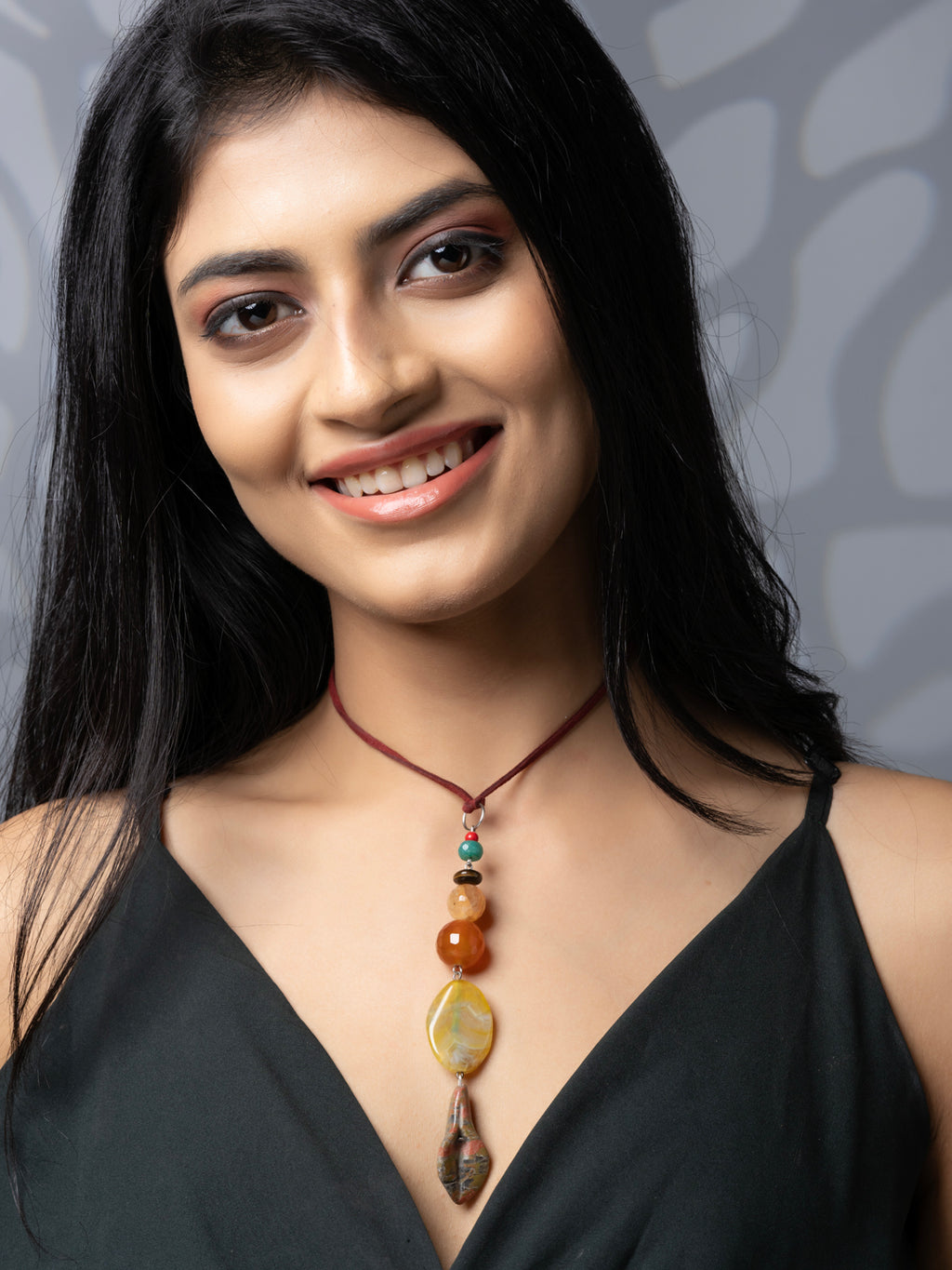 Semi Precious Black Brown Onyx Agate Lily Sleek necklace with adjustable Suede Cord LOOK AND ADORN - designed for you