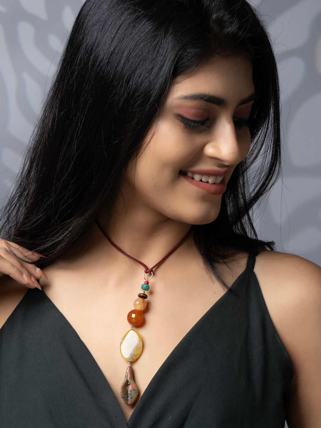 Semi Precious Black Brown Onyx Agate Lily Sleek necklace with adjustable Suede Cord LOOK AND ADORN - designed for you